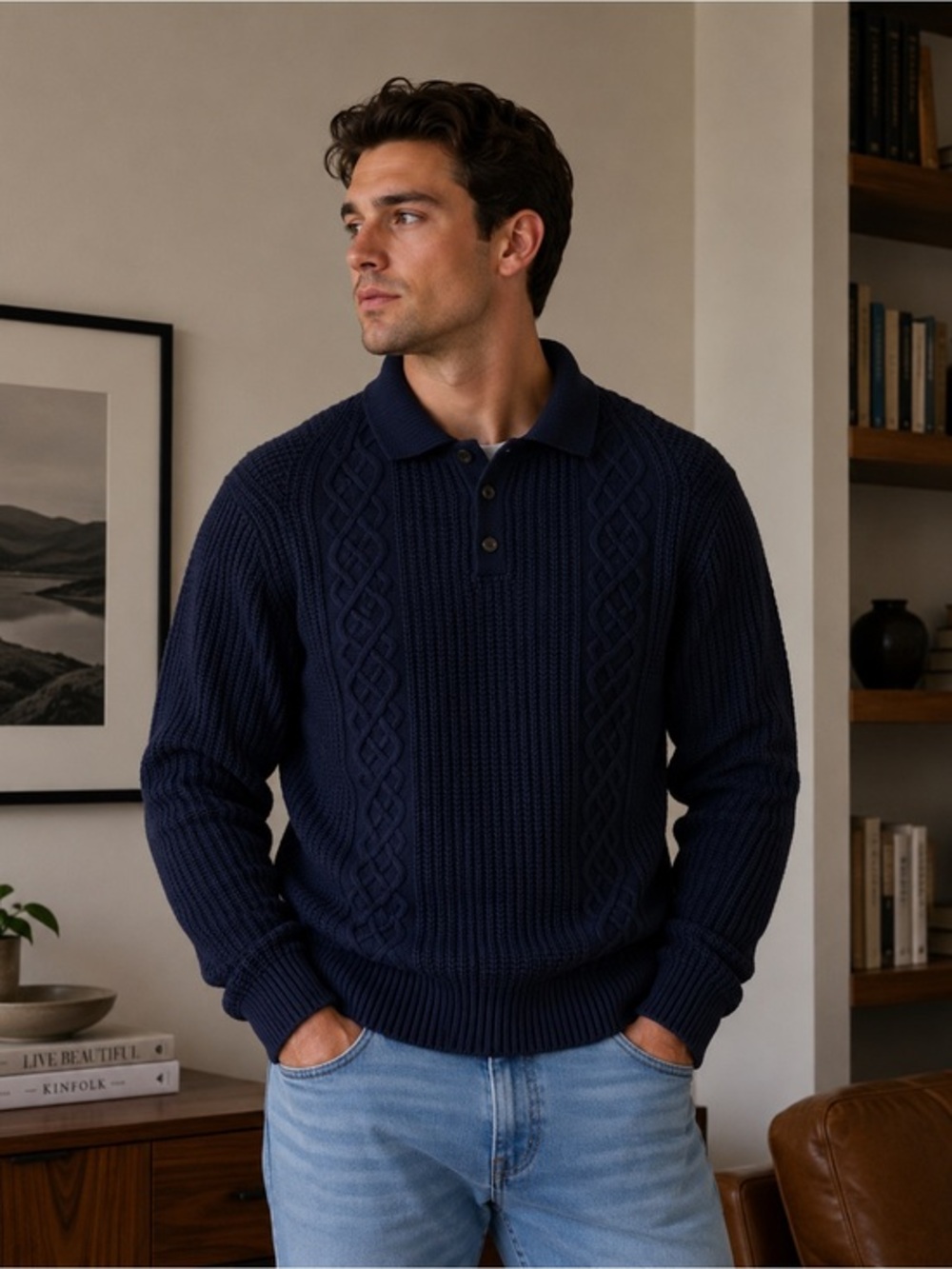 Banana Republic Navy Cable-Knit Crewneck Polo Sweater, size small